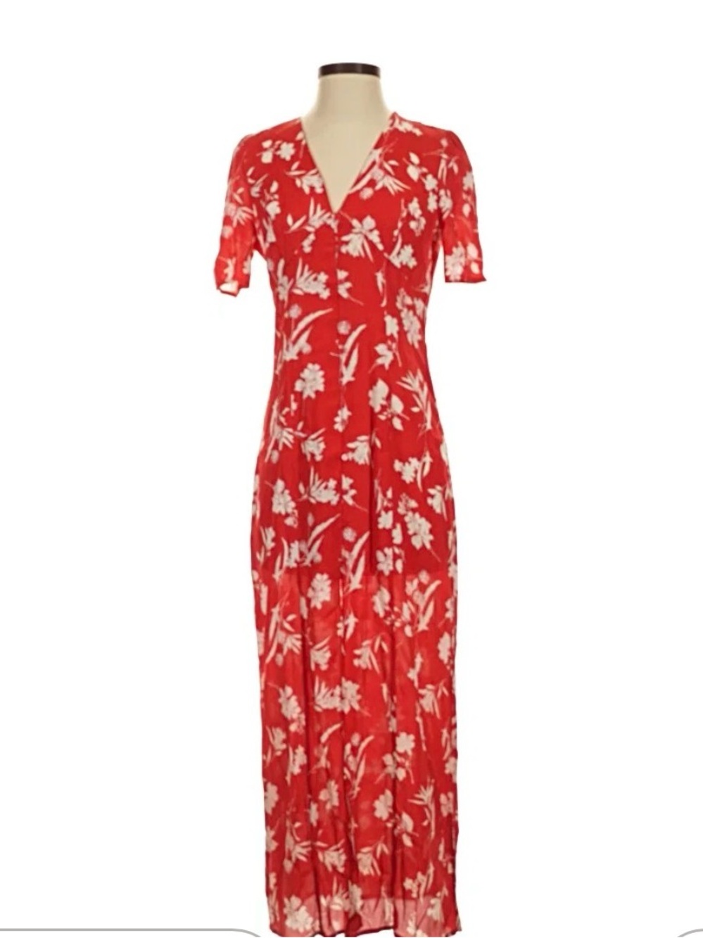 Zara Red Floral V-Neck Maxi Dress with White Print